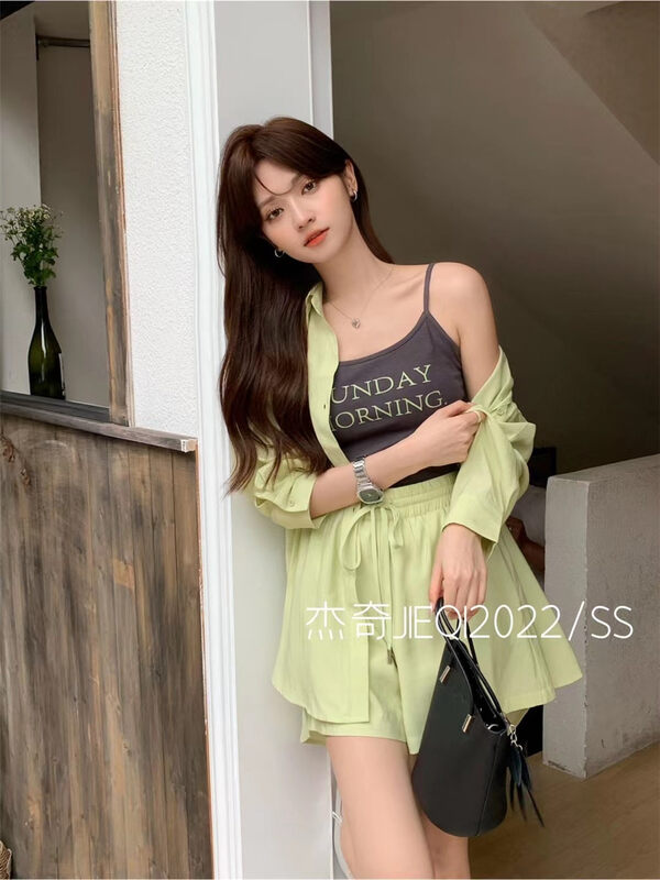 [Jieqi] Korean net color shirt + letter print suspender + high waist drawstring leisure suit 88628# zxx