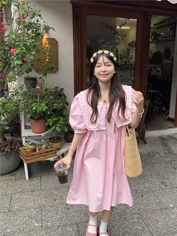 [dolly] Korean sweet heavy industry stitching lace edge double-layer doll neck bubble sleeve loose dress 1026# PCZ