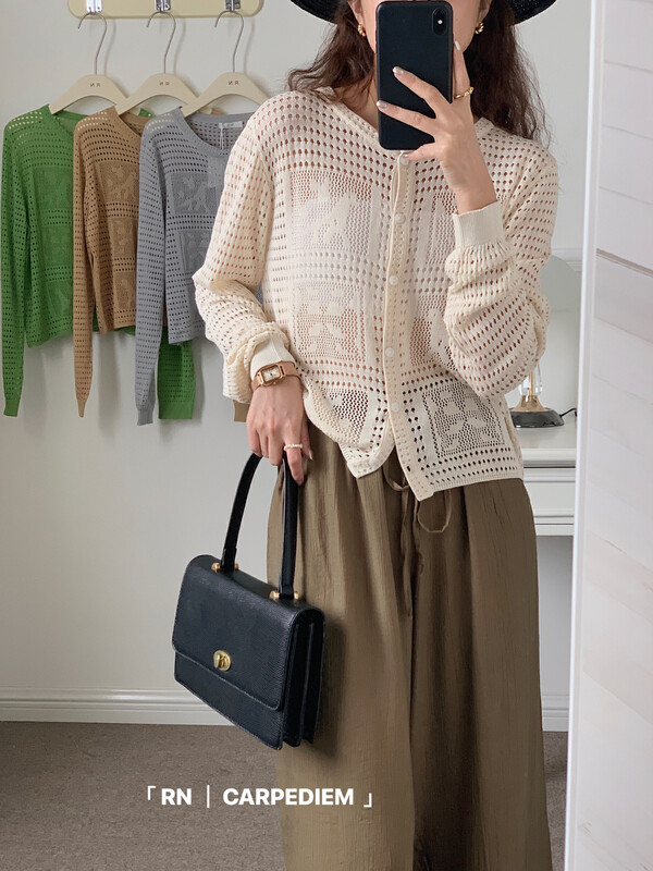 [RN] simple solid color hollow round neck knitted cardigan 81612 \ll