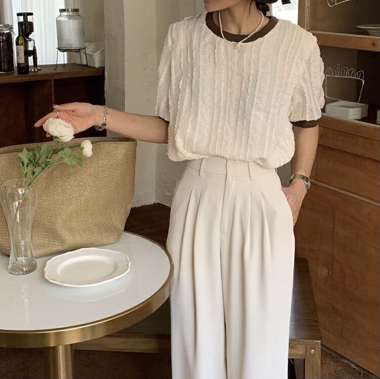 [KH] contrast color neckline versatile pleated shirt y172# zxx