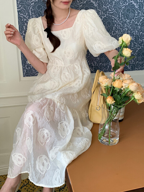 [dolly] French soft square neck three-dimensional jacquard puff dress 6180# PCZ
