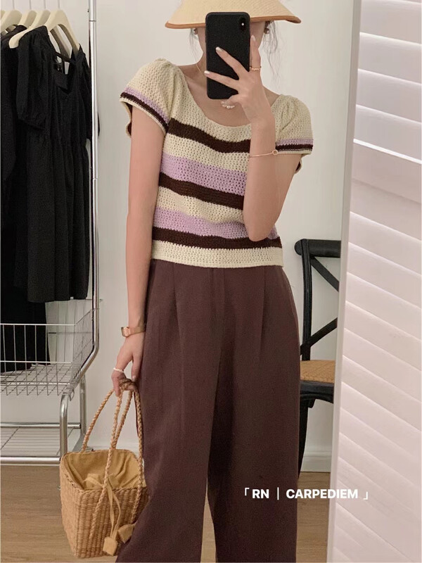 [R n] Korean round neck versatile Vintage simple striped sweater 81523# ll