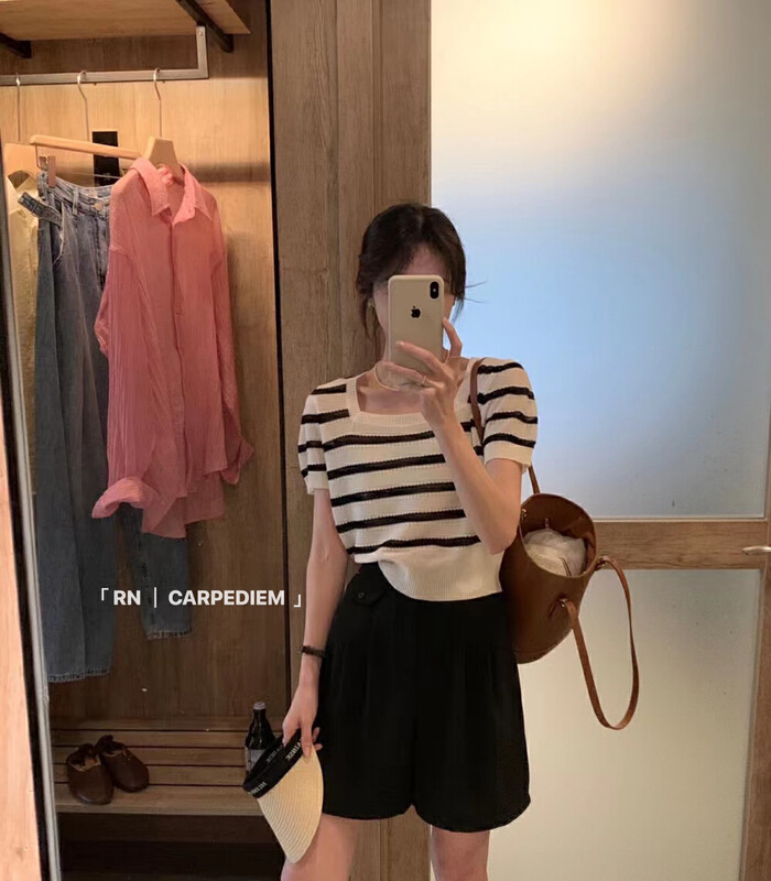 [R n] Korean retro versatile square neck striped sweater 81569# ll