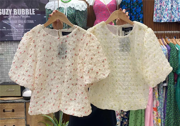 [suzybubble] lady sweet bubble sleeve printed blouse 9992# WPL