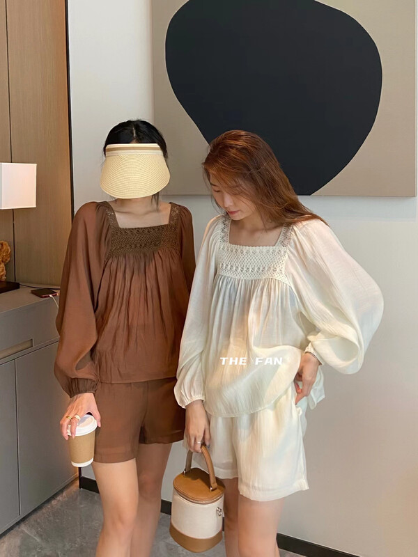 [the fan] French style Square Neck Lace sunscreen shirt + elastic waist casual Shorts Set 50036# PCZ