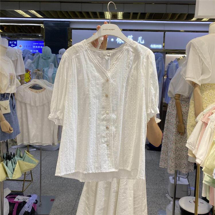 [purple] V-neck embroidered shirt 601# hjy