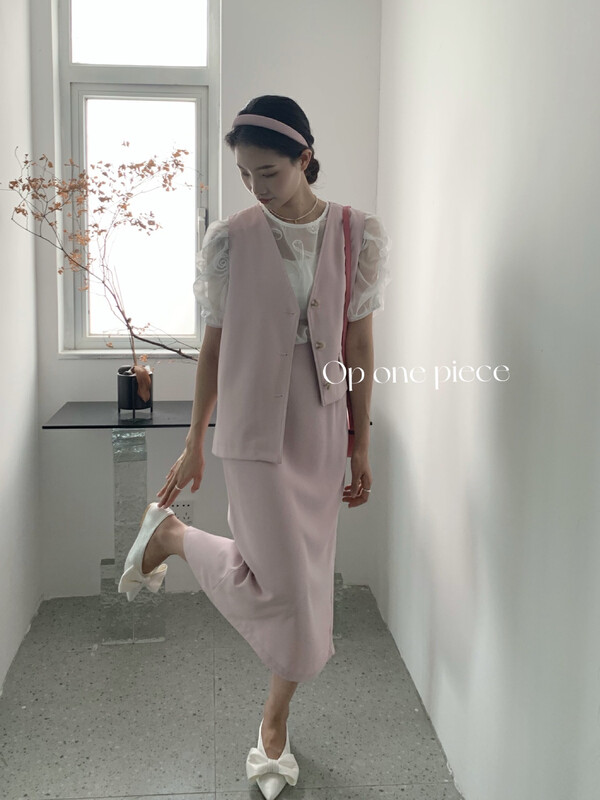 [OP one piece] Korean version simple V-neck single breasted Vest + simple clean color skirt West suit 3117\hjy