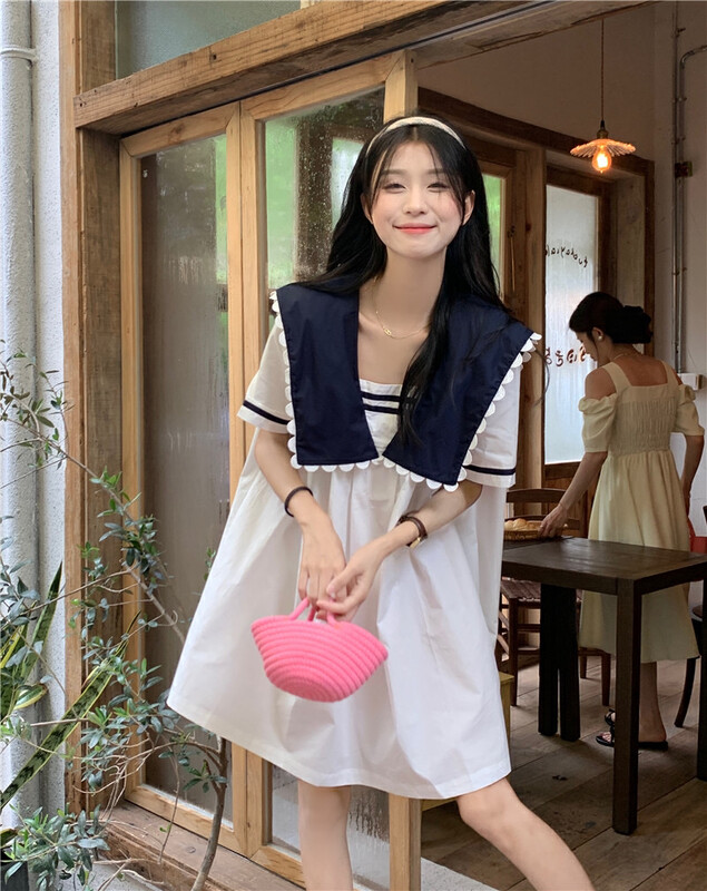 [dolly] contrast Navy collar lace loose A-line dress 3009 # PCZ