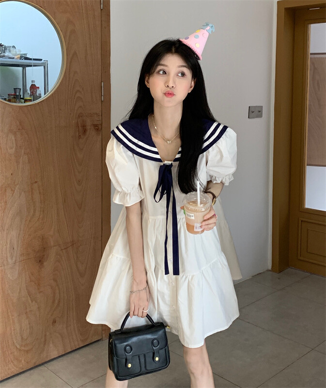 [dolly] Navy collar bubble lace up shirt loose and thin academic dress 113435; PCZ