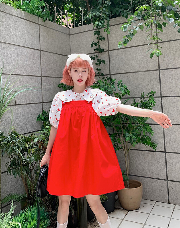 [dolly] summer fresh tulip flower shirt + solid color versatile strap skirt set 3899# PCZ