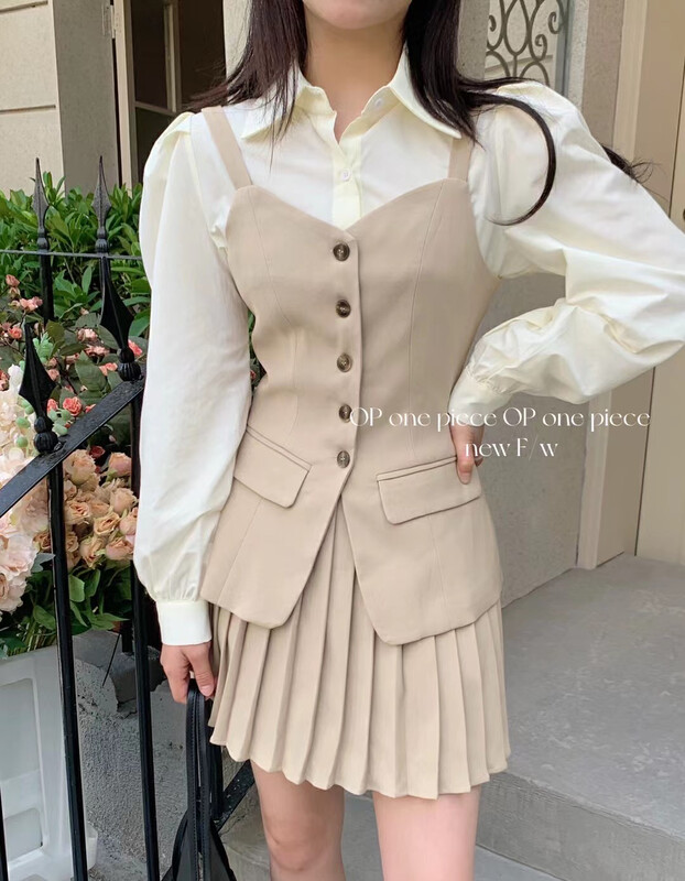 [OP one piece] Korean waist Vest + pleated skirt two piece set 6980\hjy