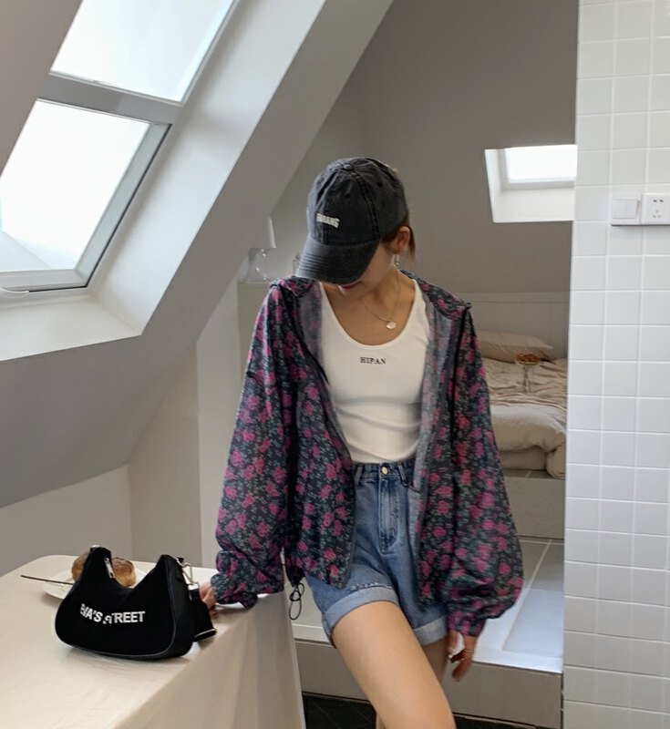 [KH] hooded floral zipper loose sunscreen shirt c365# zxx