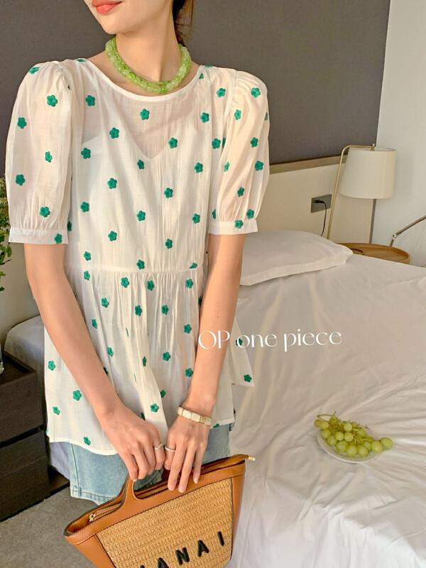 New in early summer! [OP one piece] Korean version of little women's Embroidered Floral micro transparent blouse 60067# hjy