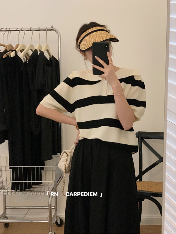 [R n] Korean striped Lapel French retro thin sweater 81502\ll