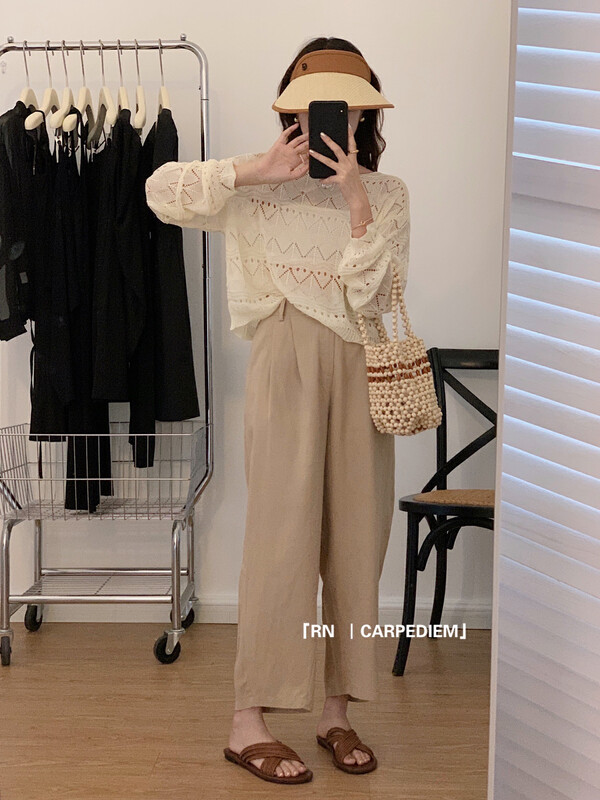 [R n] Korean round neck loose and versatile long sleeve hollow out sweater 81566\ll