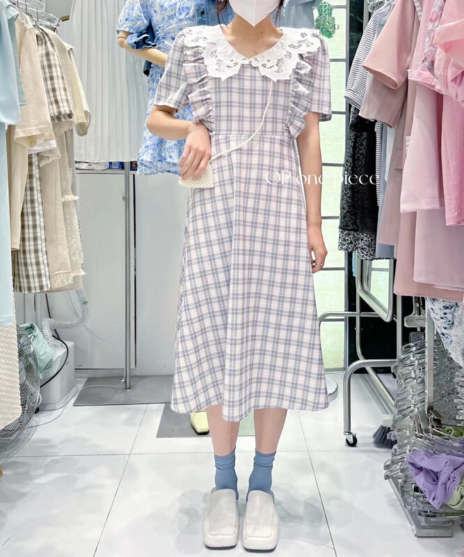 [OP one piece] Korean style Plaid doll neck dress 60010# hjy