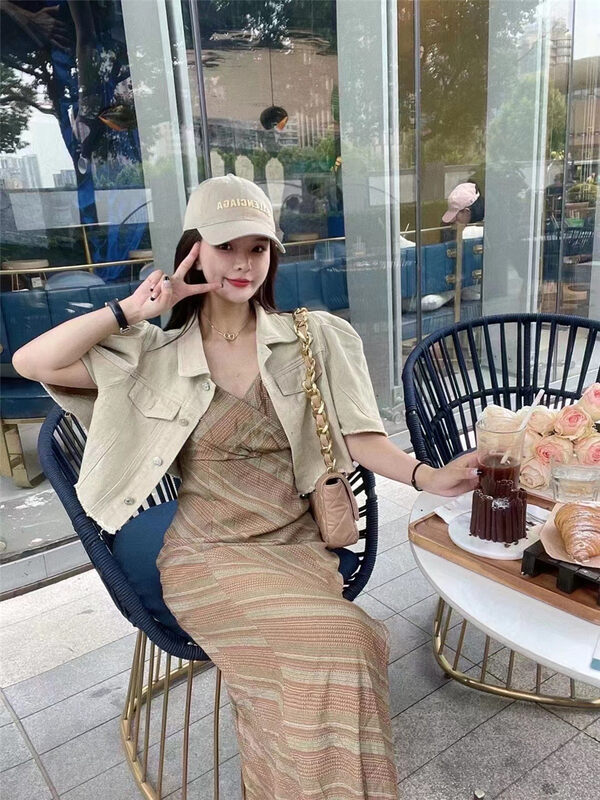 [FC] V-neck striped long suspender dress 1166# PCZ