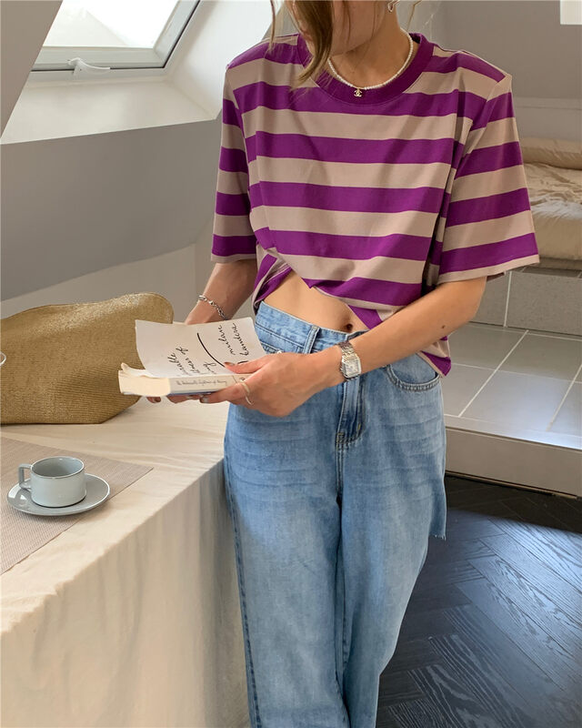 [KH] contrast stripe round neck versatile short sleeve T-shirt t970 \zxx