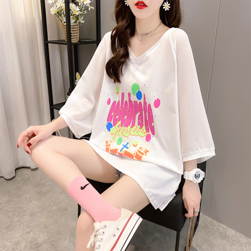 Real shooting summer clothes Korean cotton loose Chiffon stitching V-neck medium and long size women's short sleeve T-shirt women