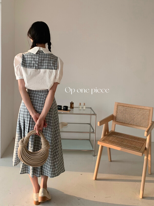 [OP one piece] Korean checked baby collar shirt + slim skirt set op60036\hjy