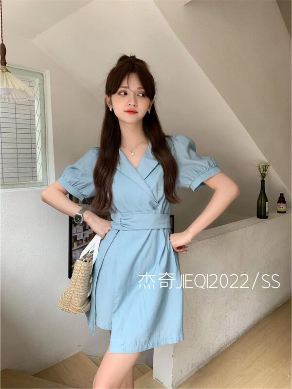 [Jieqi] Korean style bubble sleeve waist slit dress + net color casual Shorts Set (belt can't be removed) 88626# zxx