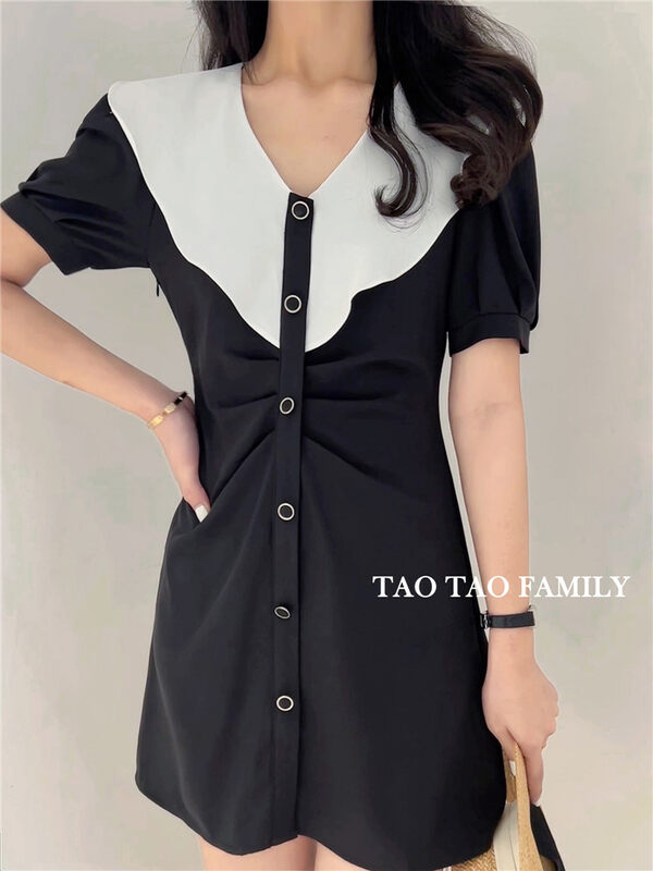 [Taotao family] bubble sleeve pleated V-neck dress 3686# hyy
