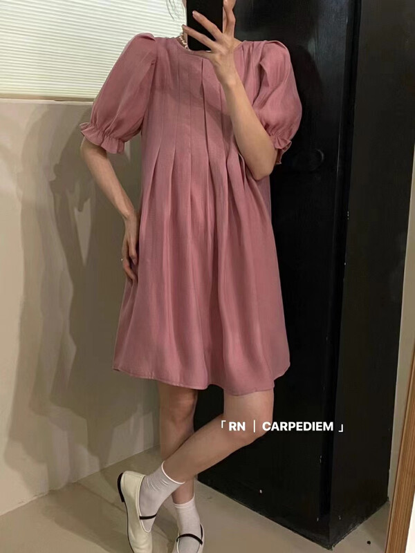 [R n] Korean loose slim super Fairy Light age reducing bubble sleeve Pleated Dress 81128\ll