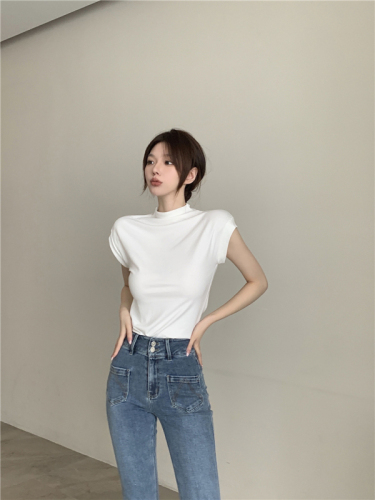 Real price half high collar short sleeve T-shirt women's pure desire style tight bottomed shirt thin top