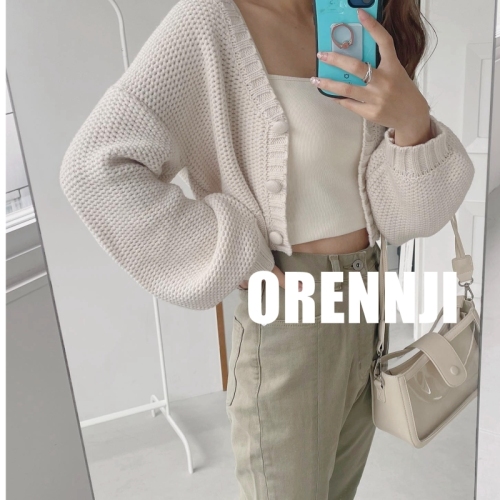  early autumn Korean he candy color V-neck bag buckle short versatile sweet sweater knitted cardigan