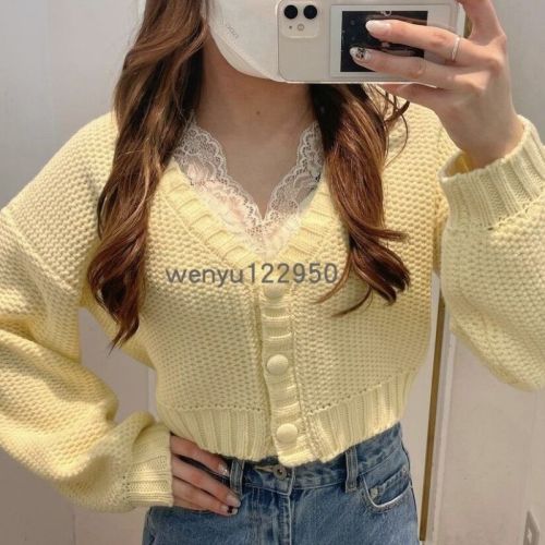  early autumn Korean he candy color V-neck bag buckle short versatile sweet sweater knitted cardigan