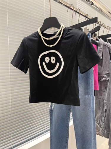 6535 Pullover cotton 2022 summer smiling face print round neck slim fit versatile slim short sleeve T-shirt women