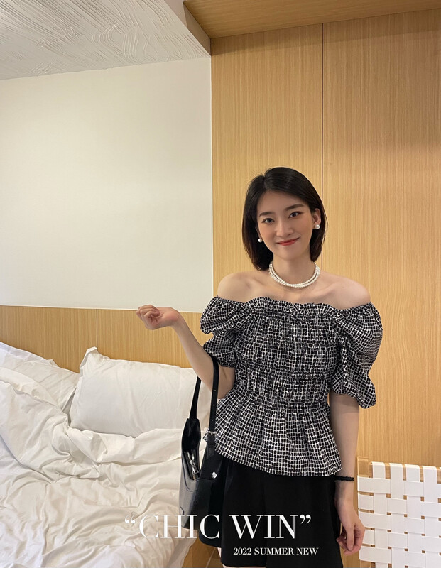 [chic win] Korean fashion Plaid bubble sleeve shirt 9226# CSX