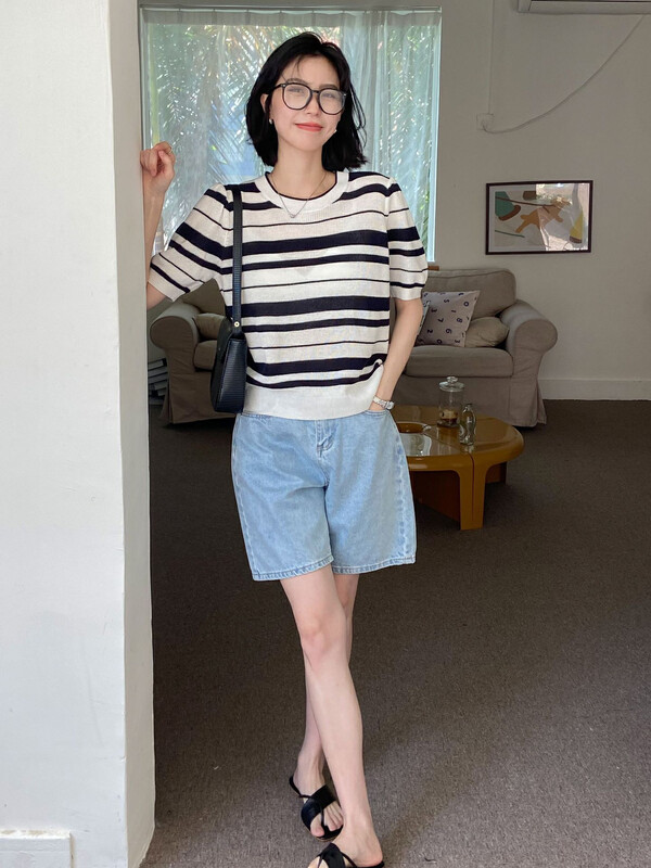 [secondtime] Korean thin striped contrast T-shirt (including 10% wool) 5290# XJ