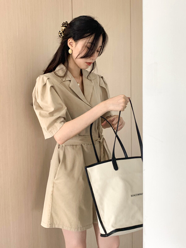 [secondtime] fashionable bubble sleeve slim Jumpsuit (with waist rope) 3586 × XJ