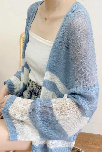  new Korean mohair sweater long sleeve loose striped color matching sweater cardigan women's jacket
