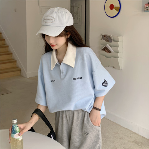 Net red polo collar short sleeve contrast T-shirt women's loose college style Korean couple half sleeve top fashion