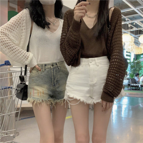 Real shooting, real price, high quality, new design, hollowed out short blouse jacket + vest two-piece set