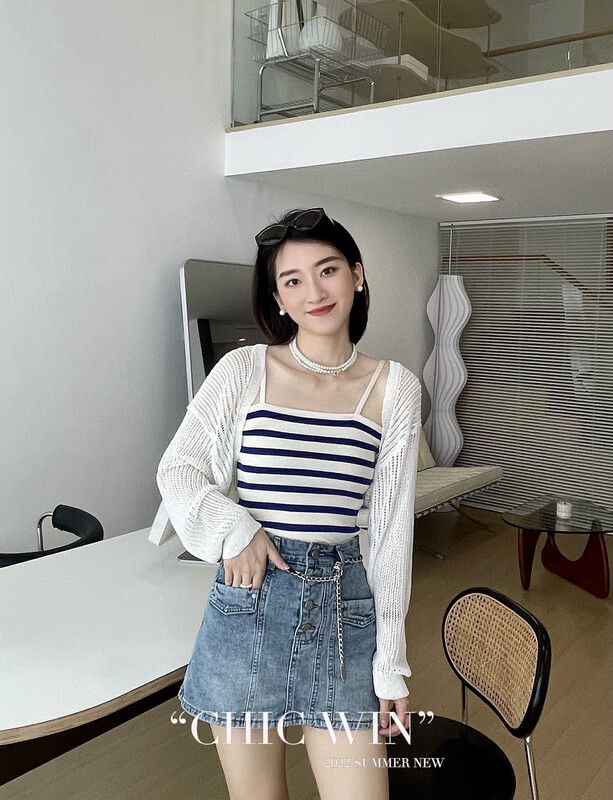 [chic win] personalized striped Halter Vest + hollowed out short cardigan two-piece suit a818# CSX