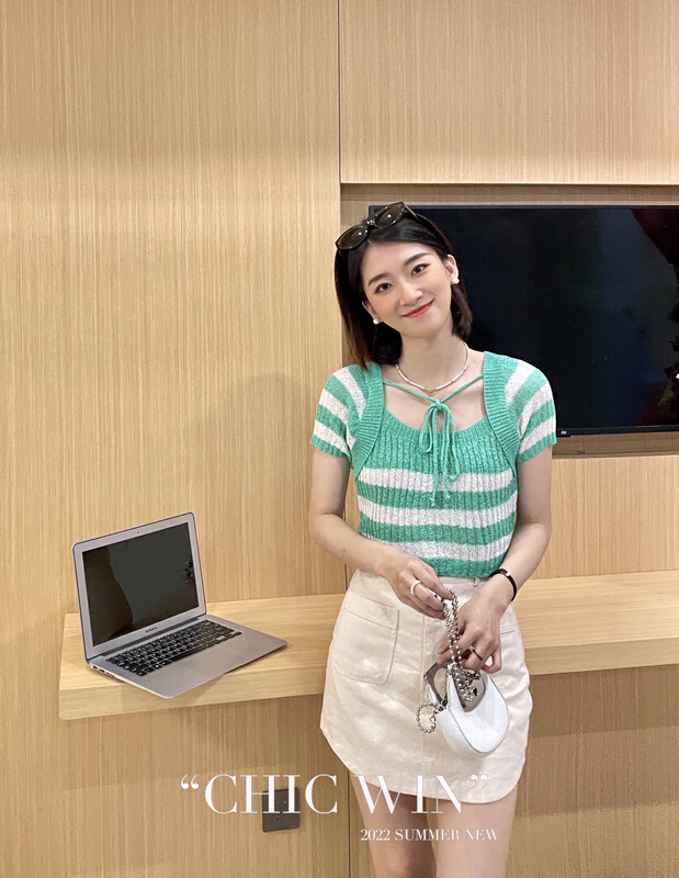 [chic win] Korean fashion stripe knitted short sleeved shirt 751# CSX