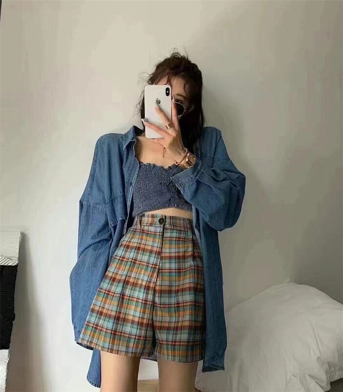 [tiantianjia] checkered Korean high waist casual shorts (with belt) ta-683# XYY