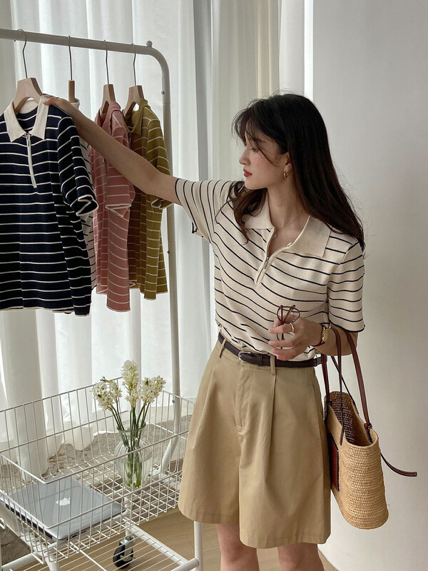 [secondtime] Polo neck stripe short sleeve T-shirt (10% wool) 5329# XJ
