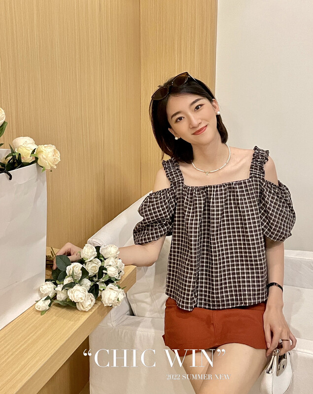 [chic win] Korean fashion off shoulder plaid shirt 8946# CSX