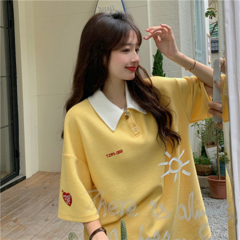 Net red polo collar short sleeve contrast T-shirt women's loose college style Korean couple half sleeve top fashion
