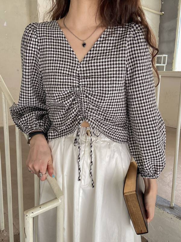 Original price 63.66! [secondtime] Korean Plaid V-neck drawstring long sleeve T-shirt 3653# XJ