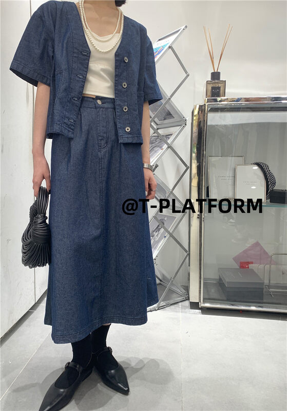 Original price 168.99! [t-platform] Hong Kong style retro short sleeved shirt + medium length denim skirt set v8359# zxx