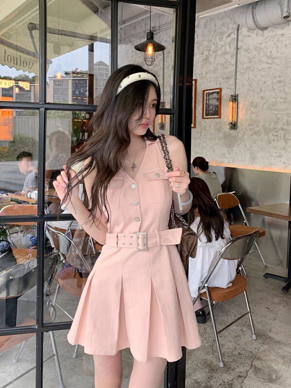 [h.max] pure desire for style, narrow waist and thin denim dress (with belt) c9805# ozq