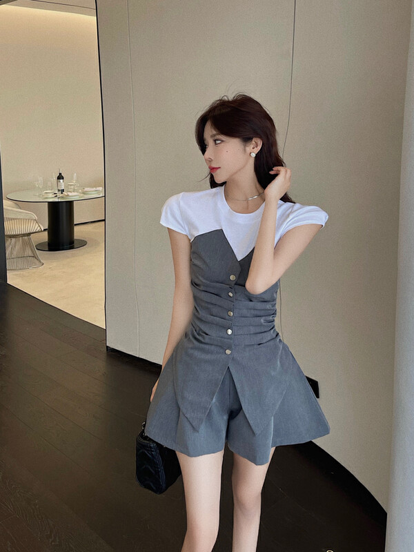 [h.max] design sense slim short sleeve T-shirt + fashionable high waist casual Shorts Set c8848\ozq