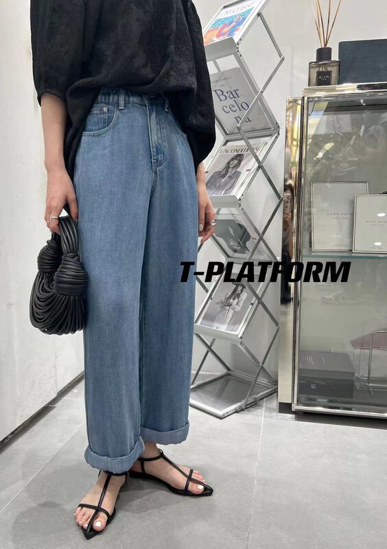 [t-platform] super soft elastic waist cropped grandma jeans 8572-1# cqw