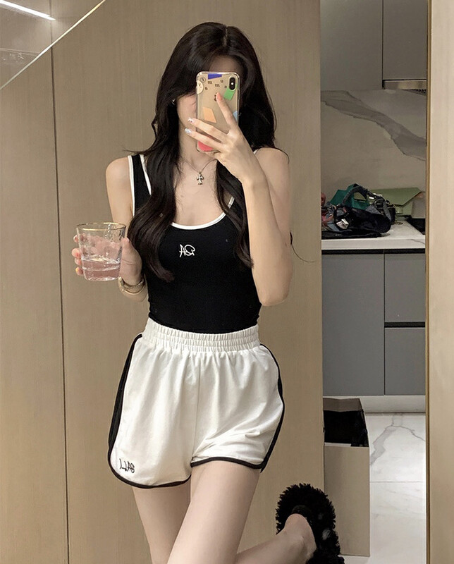 [h.max] slim letter sleeveless vest + elastic waist casual Shorts Set c9802# ozq