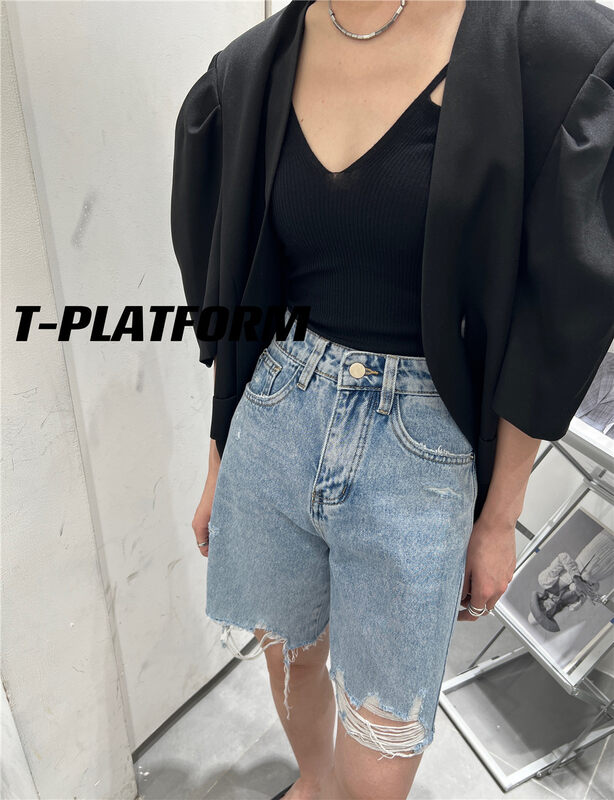 [t-platform] Korean casual 5-point denim shorts 8113-1# cqw